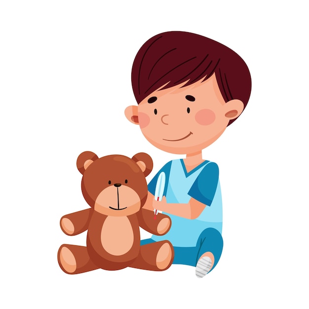 Careful Little Boy in Medical Wear Treating Teddy Bear Vector Illustration