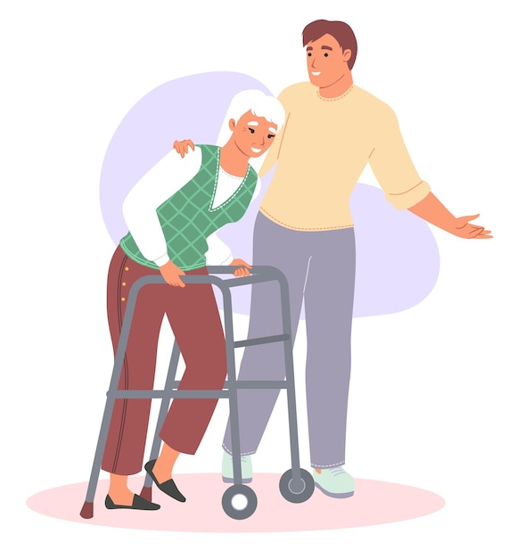 Caregiver assist old woman patient flat vector
