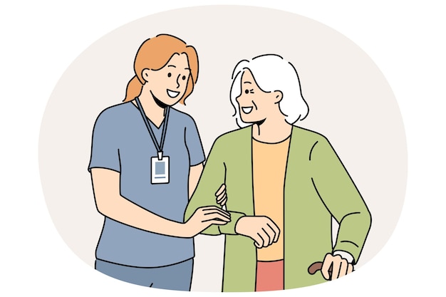 caregiver help elderly woman with walking
