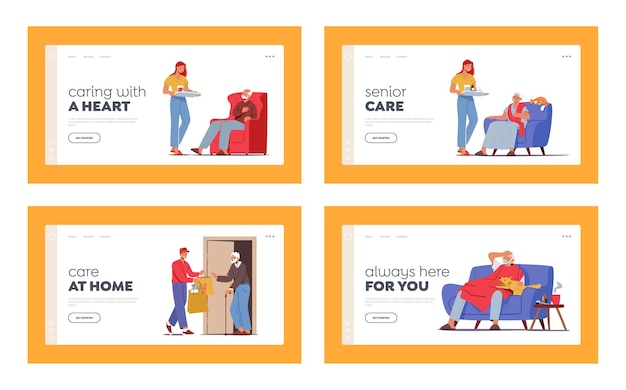 Caregiving landing page template set. caregiver characters care of elderly people bring food and medicine. social help to seniors, isolation support, help or assistance. cartoon vector illustration