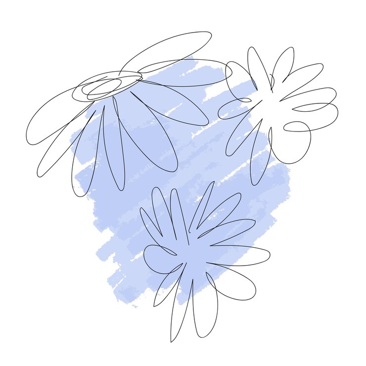 Vector careless doodlestyle flowers against a blue paint spot