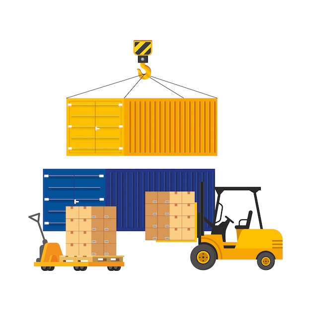 Vector cargo containers with pushcart illustration