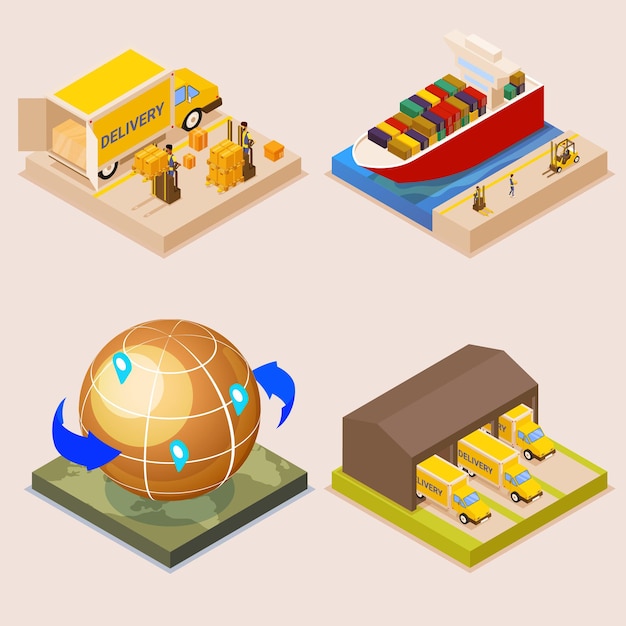 Vector cargo delivery and shipping isometric set. global logistics composition, trucking and maritime distribution