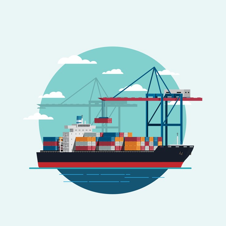Vector cargo logistics being loaded container ship with working crane import export transport industry