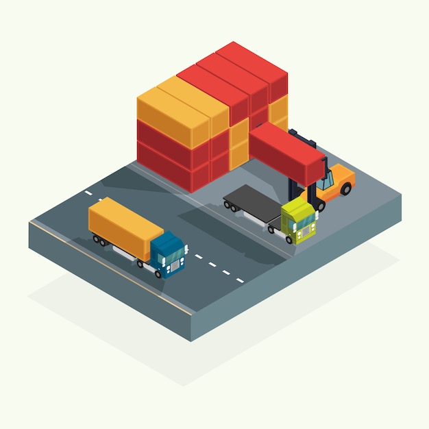 Vector cargo logistics truck and transportation container with forklift truck lifting cargo container in shipping yard. isometric illustration vector