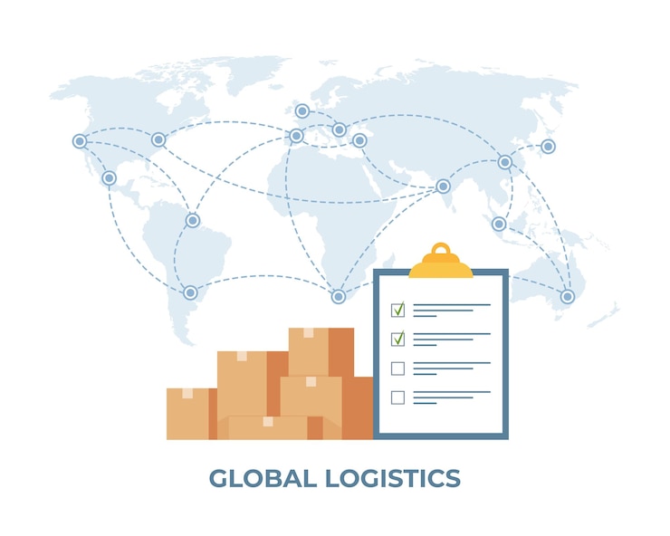 Vector cargo logistiek transportconcept wereldwijd logistiek netwerk klembord met checklist