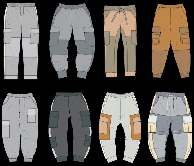 Cargo Pants colorful fashion hand drawing technical template Cargo pocket fashion mockup for training