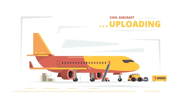 Vector cargo plane. upload civil aircraft technical cars freight concept. preparing and loading aircraft before flight illustration