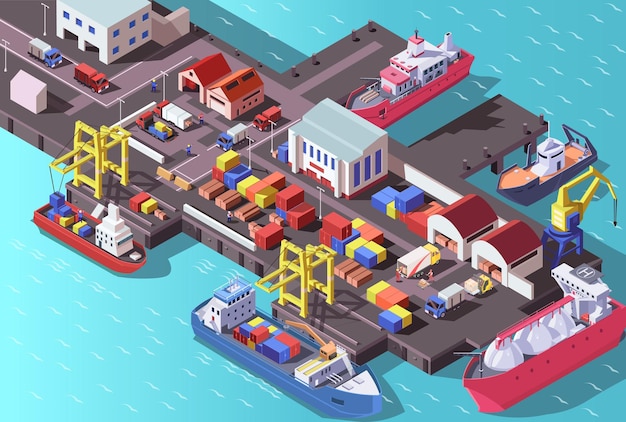 Cargo port with ships isometric Sea dock industry Crane loading container on vessel Commercial logistic terminal Oil tanker export and gas carrier import barge Water shipment vector illustration