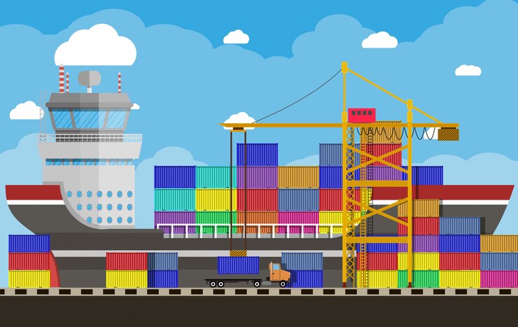 Vector cargo ship, container crane, truck. port logistics