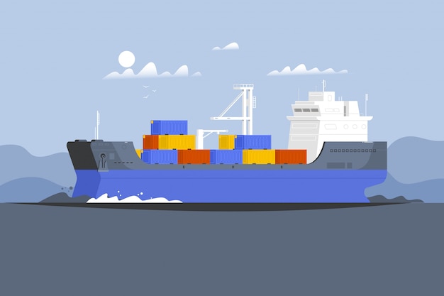 Vector cargo ship container in the ocean