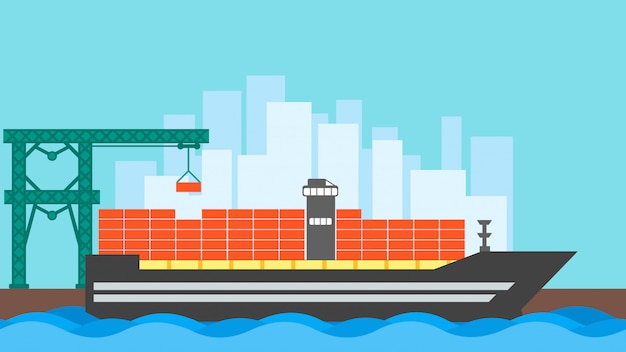 Vector cargo ship container. sea ocean transportation logistic. maritime transportation delivery