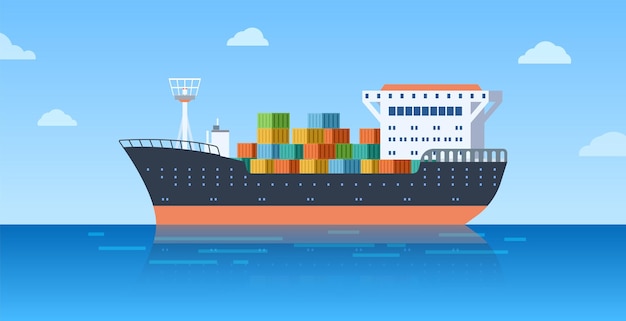 Cargo ship Container ships vessel with cargos floating in sea or ocean Port shipment water transportation logistic Delivery exact vector concept