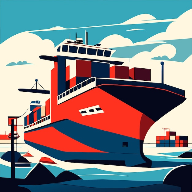 Cargo ship loading in port cartoon illustration