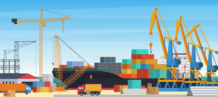 Vector cargo ship logistics in seaport cranes loading and unloading containers with goods