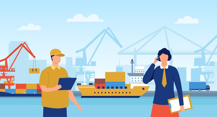 वेक्टर cargo ship transportations and container shipping workers controlling international delivery global trading