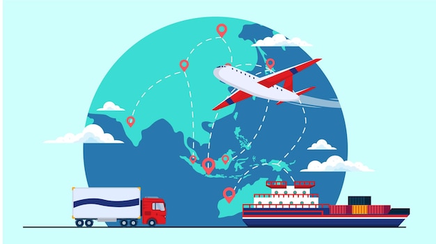 ベクトル 貨物船トラックのフライトと地図の目的地