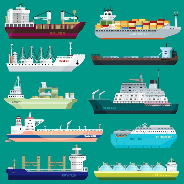 Insieme dell'illustrazione del contenitore di commercio di esportazione del trasporto di trasporto di vettore della nave da carico della spedizione del porto di trasporto del trasporto di affari industriali isolata