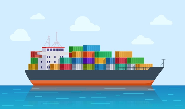 Cargo ship. Vessel port, export or import tanker shipping. International sea logistic. Marine transport and delivery  illustration. Ship vessel, cargo industry transportation