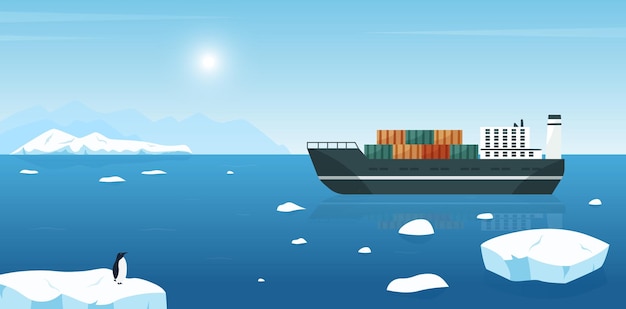 Cargo ship with containers floating in northern ocean or sea waters marine transport