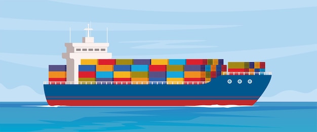 Vector cargo ship with containers in the ocean delivery transportation shipping freight transportation