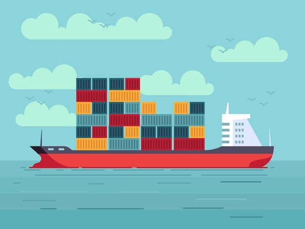 Cargo ship with containers in ocean or sea illustration