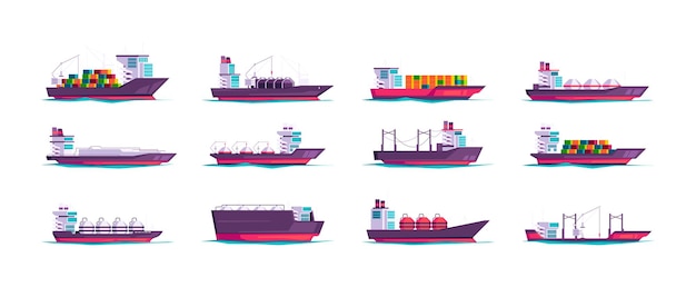 Navi da carico nave cisterna marittima con container commerciali cargo spedizione cartone animato stile piatto importazione esportazione concetto logistico globale set vettoriale