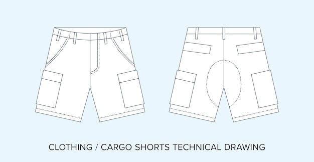 Вектор Грузовые шорты с карманами технический рисунок планировка одежды для дизайнеров моды