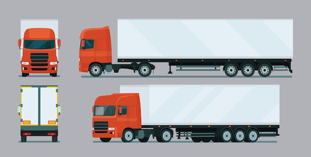 Vector cargo truck with trailer four angle set