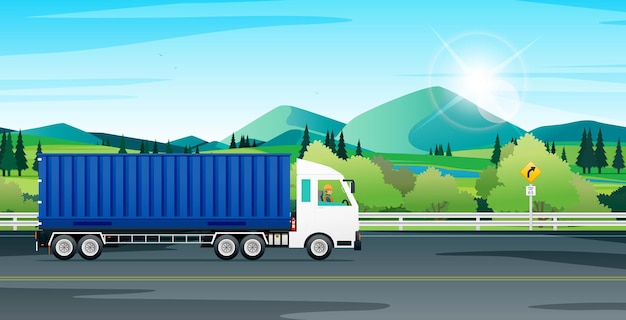 貨物トラックは、交通標識のある高速道路を走っています