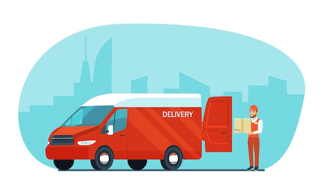 Vector cargo van and courier   illustration.