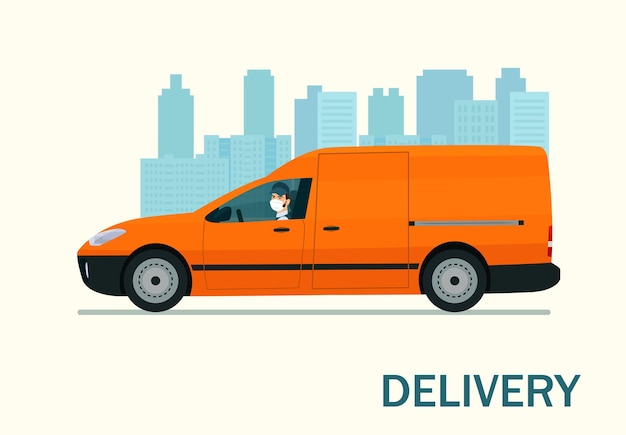 Vector cargo van with a driver in a medical mask against the background of an abstract cityscape.  flat style illustration.