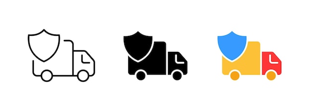 輸送における安全性と保護を表す盾のアイコンが付いた貨物バン ベクトル分離されたラインの黒とカラフルなスタイルのアイコンのセット