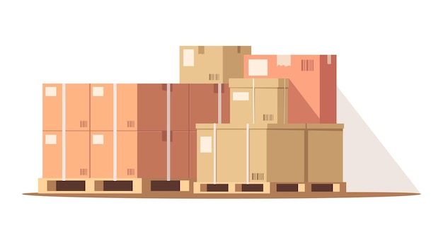 Cargo in warehouse semi flat RGB color vector illustration. Freight storage. Parcels in storehouse for distribution. Stack of carton boxes on pallet isolated cartoon object on white background