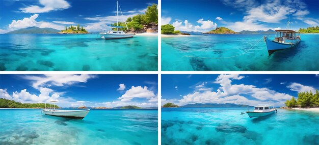 Vettore relax caraibico onde paradisiache oceano tranquillo palma sole nuvole blu trasparente all'aperto