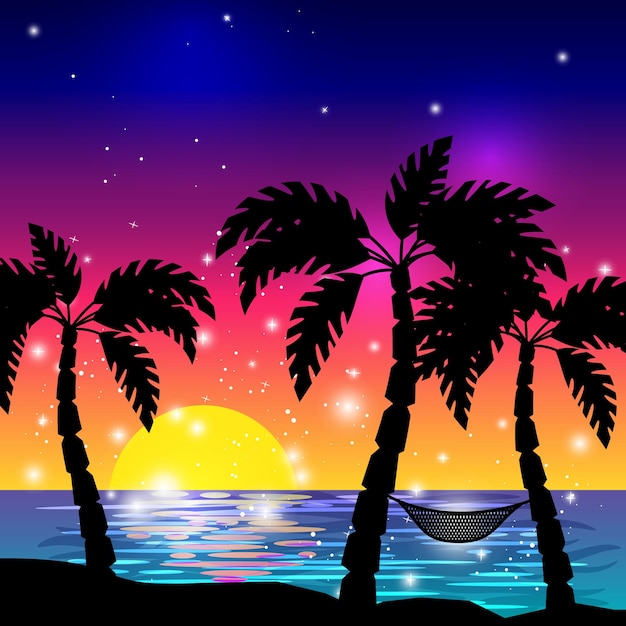 Vector caribbean sea view with palm tree silhouettes and ocean sunset vector illustration