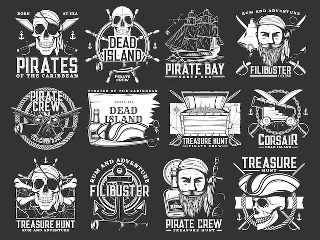 Caribische piraten en zeerover iconen. treasure hunt avontuur monochroom vector emblemen set met menselijke schedel in bandana en tricorne hoed, piratenschip en machete sabel, anker, stuur en rum