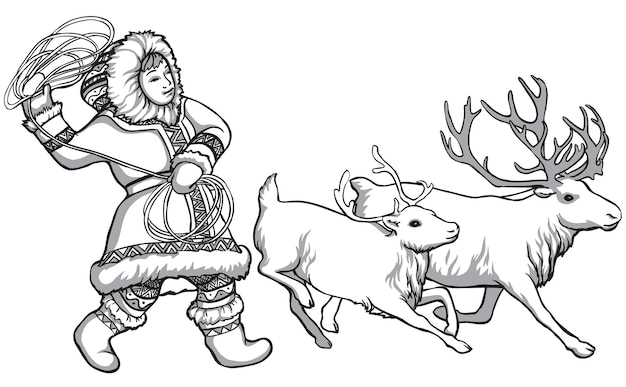 순록 사슴과 북부 러시아의 원주민. 빈티지 흑백 그림입니다. 벡터 일러스트 레이 션. 자연과 사람.