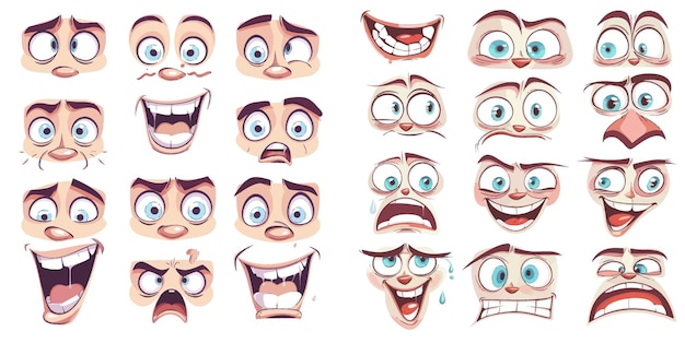 Caricature di emozioni comiche o emoticon doodle set di icone di illustrazione vettoriale isolate