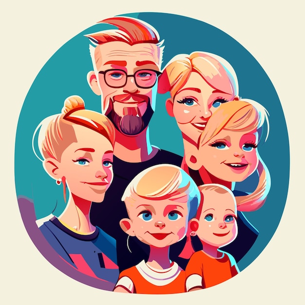 Caricatura di una famiglia con due figli arte digitale piena testa e spalle vivido realistico