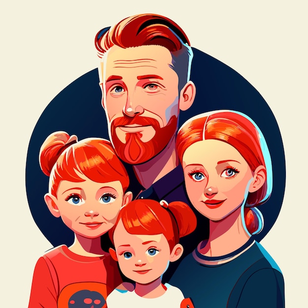 Caricatura di una famiglia con due figli arte digitale piena testa e spalle vivido realistico