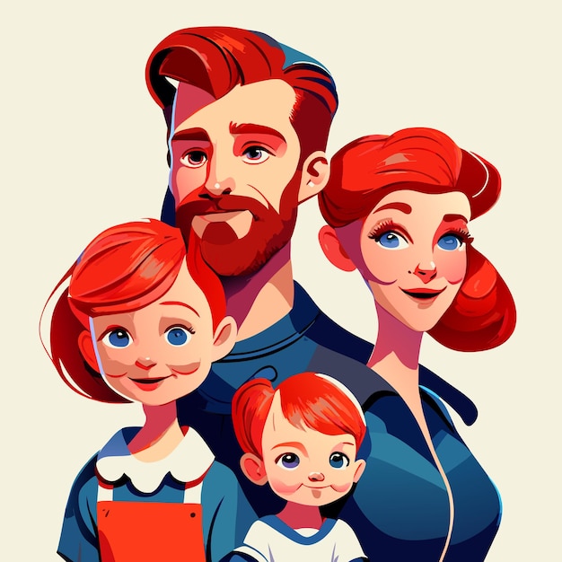Vettore caricatura di una famiglia con due figli arte digitale piena testa e spalle vivido realistico