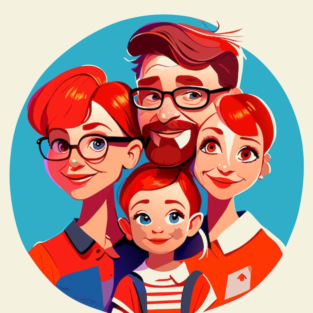 Caricature of a family with two children digital art full head and shoulders vivid realistic