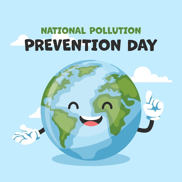 Caricature of planet earth with national pollution prevention day text poster to raise awareness about caring for the environment