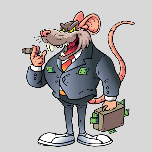 a caricature of the Ugly Rat wearing a suit and carrying a suitcase of dollars