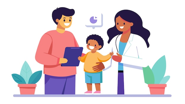 Vettore un medico premuroso si impegna con un bambino e una madre fornendo cure specializzate in un ambiente clinico accogliente