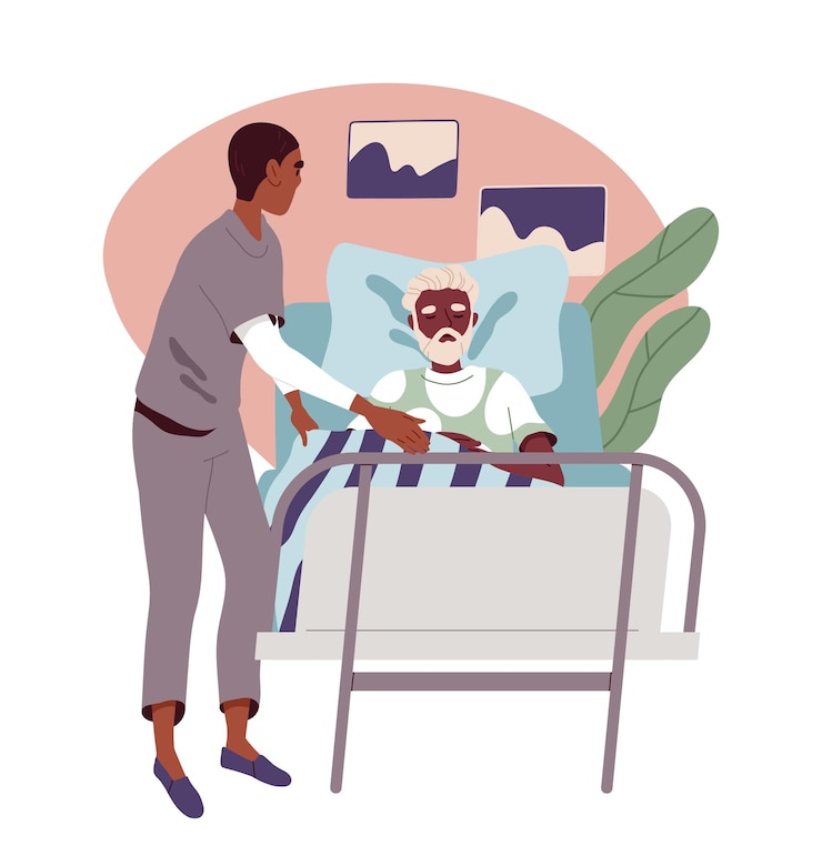 Vector caring for elderly person concept nurse help old man in bed health care and medicine treatment
