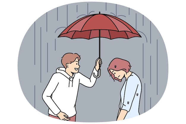 Vector caring man cover unhappy woman with umbrella