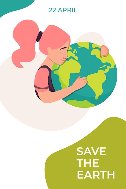 Caring nature vector illustration International Mother Earth Day Girl hugs the planet earth poster