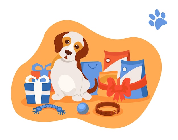 Vector caring for puppy dog pet little beautiful puppy among the mountains of various gifts for birthday